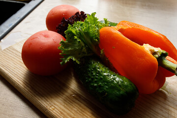vegetables, tomato cucumber salad and peppers