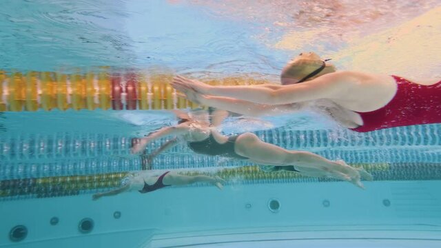 Young female swimmers performing breaststroke technique for the competition. Underwater shot. 