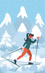Woman on vacation. A young girl goes skiing in the mountains in winter. Cute vector illustration