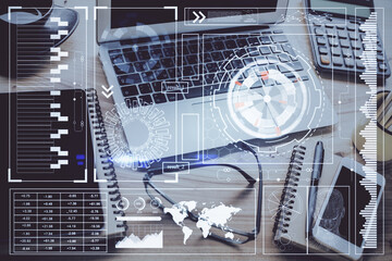 Double exposure of table with computer on background and data theme drawing. Concept of innovation.