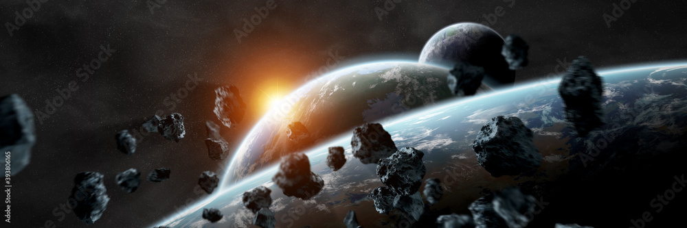 Aufkleber panoramic space planets background. panorama of distant solar system with exoplanets 3d rendering el