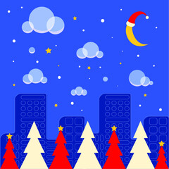 christmas night landscape with moon in a cap