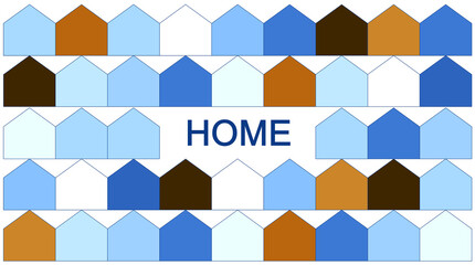 word home with many home symbols in schematic form in many colors, a city, a country, a neighborhood, a community. project of urban development on territories. green deal, project, house, multicolor