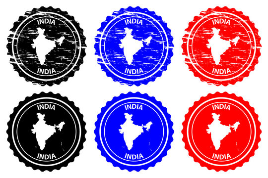 India - rubber stamp - vector, Republic of India map pattern - sticker - black, blue and red