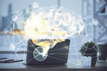 Double exposure of desktop computer and human brain drawing hologram. Ai concept.