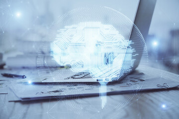 Double exposure of desktop computer and human brain drawing hologram. Ai concept.