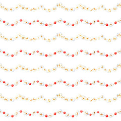 Popcorn and red cranberry garlands isolated on a white background. Seamless pattern. Christmas event handmade decor. Gift wrap and wallpaper illustration