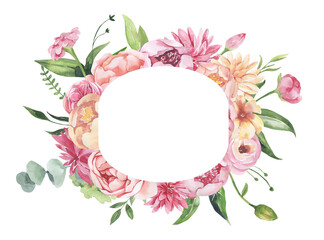 Watercolor floral illustration - leaves and branches frame with flowers and leaves for wedding stationary, greetings, wallpapers, background. Roses, green leaves. High quality illustration