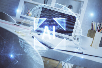 Double exposure of desktop with personal computer on background and tech theme drawing. Concept of Bigdata.