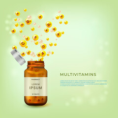 Vitamin complex. Multivitamins poster, flyer design template with copy space.   Vitamin balls into the bottle package. Explosion of vitamins. 