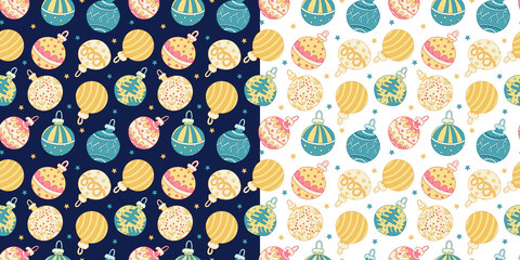 Set with two seamless patterns with colorful Christmas baubles or balls on navy blue and white backgrounds. Doodle style. Xmas and New Year textile. Great for fabrics, wrapping papers, covers.