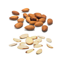 group or set organic fresh full and cut almond isolated on white background with clipping path