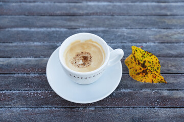 Frosty morning with coffee outside. White cup of cappuccino on a frozen rustic wooden table. Freshly fall winter background.