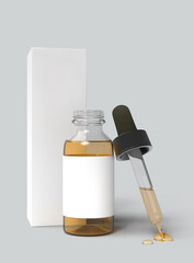 Serum bottle and package 3d illustration isolated on white background.