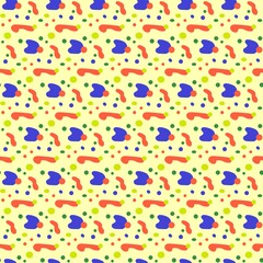 Color geometric ornament with red, blue, yellow, green abstract elements and rounds on yellow background. Abstract mosaic pattern.