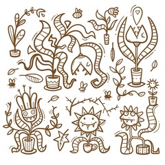 Fototapeta na wymiar Set with Venus flytraps. Monsters plants print. Comic drawing of predatory flowers. Vector doodle stickerpack.
