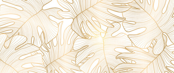Luxury Gold nature background vector. Floral pattern, Golden split-leaf Philodendron plant with monstera plant line arts, Vector illustration. - obrazy, fototapety, plakaty