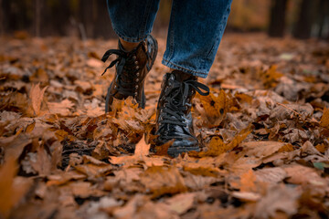 Woman legs in black boots and blue jeans walking  in autumn park. Yellow and orange foliage on the background 