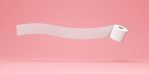 Unrolled roll of toilet paper on pink studio background