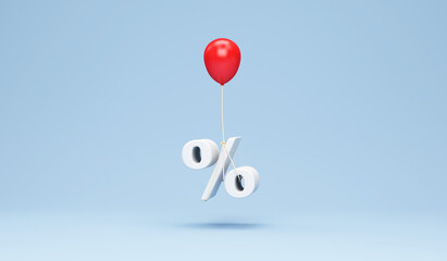 Red balloon with a Percent symbol on blue studio background. Sale Concept