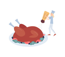 Tiny chef character cooking roasted turkey flat vector illustration isolated.