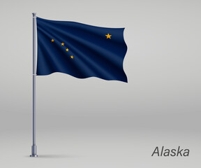 Waving flag of Alaska - state of United States on flagpole. Template for independence day poster design