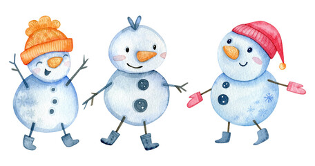 Watercolor cartoon illustration. Christmas holidays. Winter holidays. Snowmen isolated on white background.