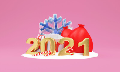Golden 2021 New Year Symbol with Different Christmas Accessories on pink studio background. 3D Rendering