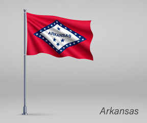 Waving flag of Arkansas - state of United States on flagpole. Template for independence day poster design