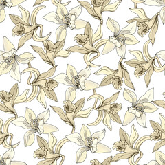 Vintage floral seamless pattern, yellow vanilla flowers on a white background. Vector textile print for fabric, paper, home textiles and dress