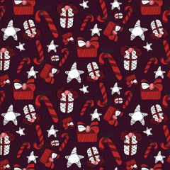 Christmas vector illustration, seamless pattern. New Year Eve. Stars, presents and candies.
