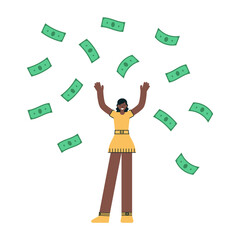 Young arfoamerican woman is throwing dollars in the air. Wasting money concept vector flat illustration