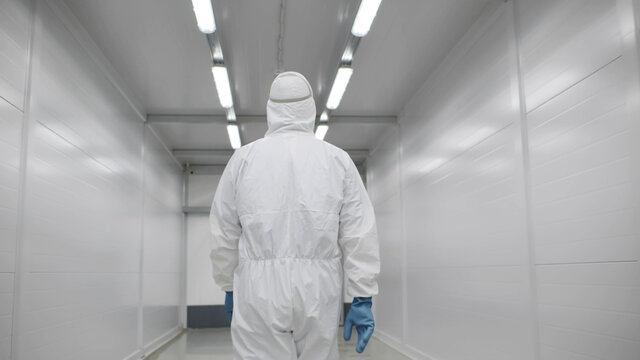 Hospital staff in protective overalls walking in white corridor
