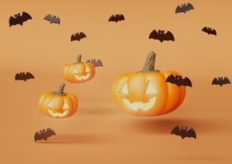 3D Render, Cute Jack o lantern pumpkin Happy halloween trick or treat. On orange background with 