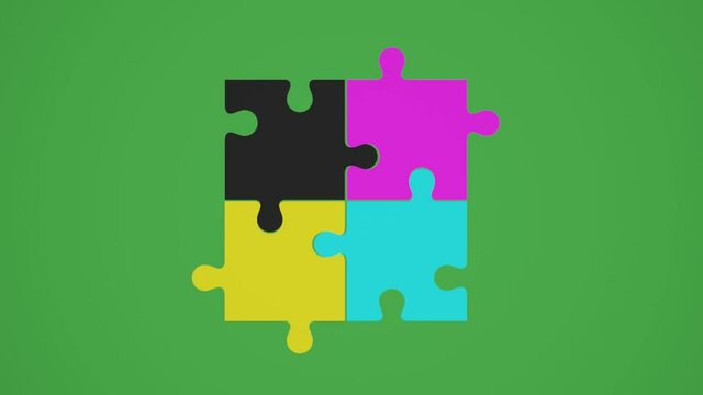 puzzle animation connecting four basic cmyk colors - green background