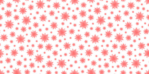 Virus cell seamless pattern. Pink molecules, white background. Close-up vector coronavirus, infection, covid-19, bacteria under microscope. Biological threat, medical treatment or research concept.