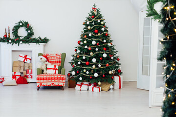Christmas interior of the Christmas tree Pine New Year gifts