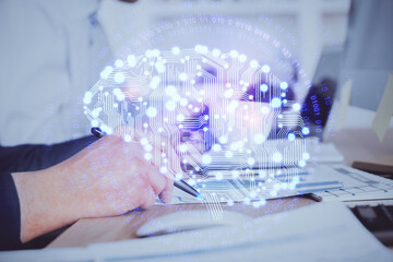 Brain multi exposure icon with man hands background.