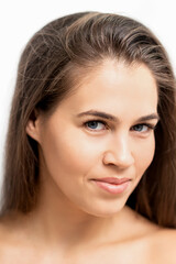 Fototapeta premium Young caucasian woman beauty face portrait with healthy white skin isolated on white background