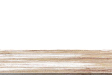 Empty wooden table top isolated on white background for product display montage
