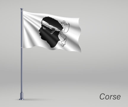 Waving flag of Corse - region of France on flagpole. Template for independence day poster design