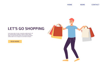 Website banner template inviting to shopping, flat vector illustration.