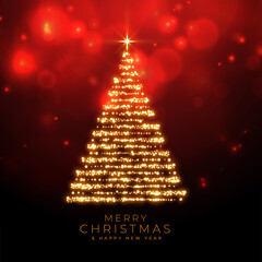 merry christmas sparkles tree on red bokeh background