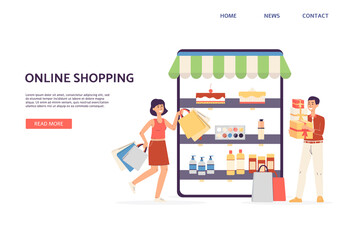 Online shopping website mockup with man and woman flat vector illustration.