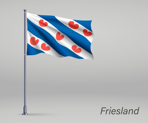 Waving flag of Friesland - province of Netherlands on flagpole. Template for independence day poster design