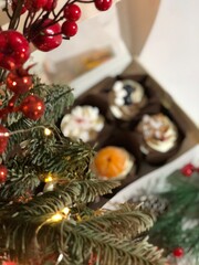 Decorative Christmas tree and blurred toys, soft focus