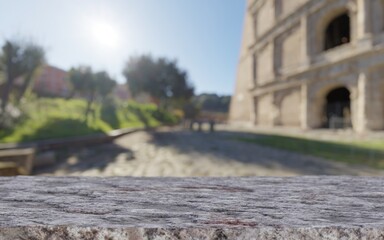 Table Top with ancient city background. Historical place mockup for product display