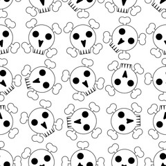 Vector seamless pattern, skull and crossbones background. Black and white outline and repeating illustration. Isolated line drawing.