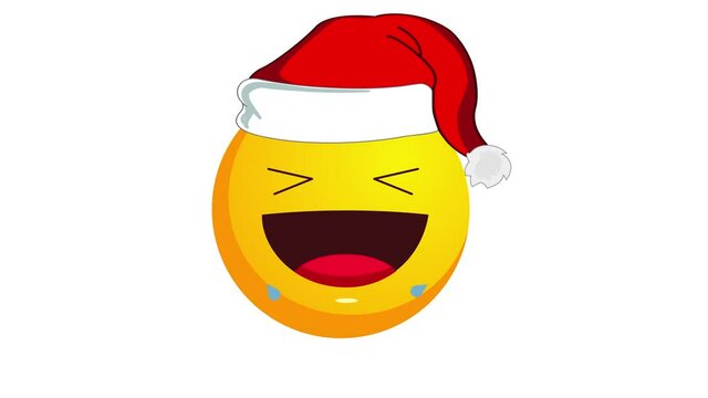 Animation of a crying with laughter yellow emoji in santa claus christmas hat isolated on white background. Positive emotions concept. Winter holidays emoticon. Alpha channel.