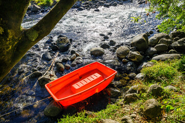 Small red boat attached to a trunk  of a tree on the Riviere des Marsouins river in Ilet Coco